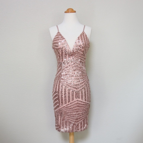 Xenia Boutique Dresses & Skirts - Rose Gold Sequin Dress Mini Deep V Neck Bodycon 2
